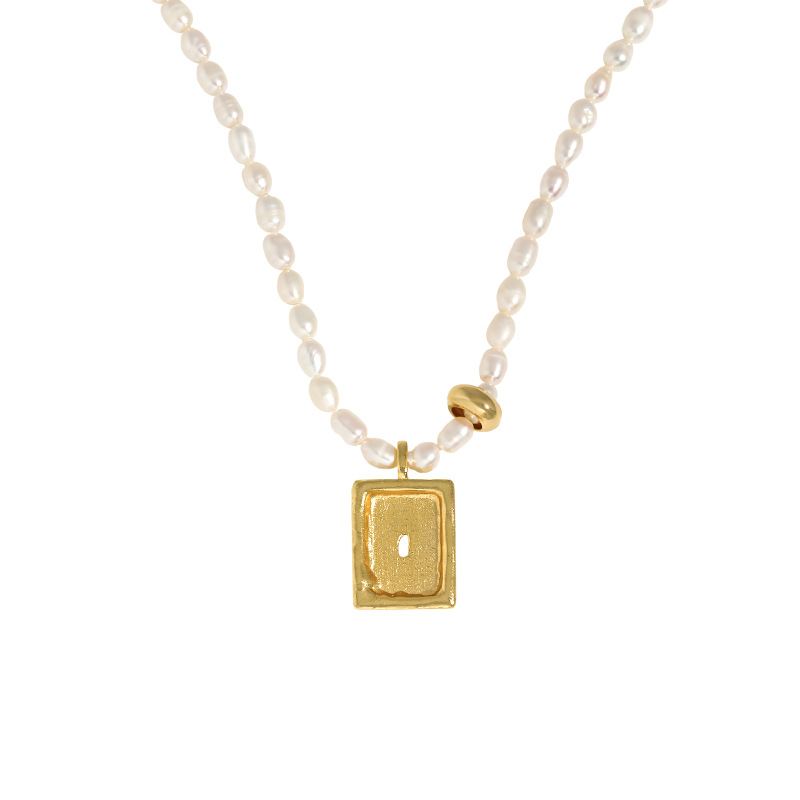 Modern Natural Pearl Rectangle Tag Necklace in 925 Sterling Silver