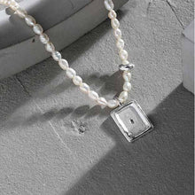 Modern Natural Pearl Rectangle Tag Necklace in 925 Sterling Silver