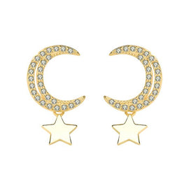 CZ Crescent Moon and Stars 925 Sterling Silver Stud Earrings