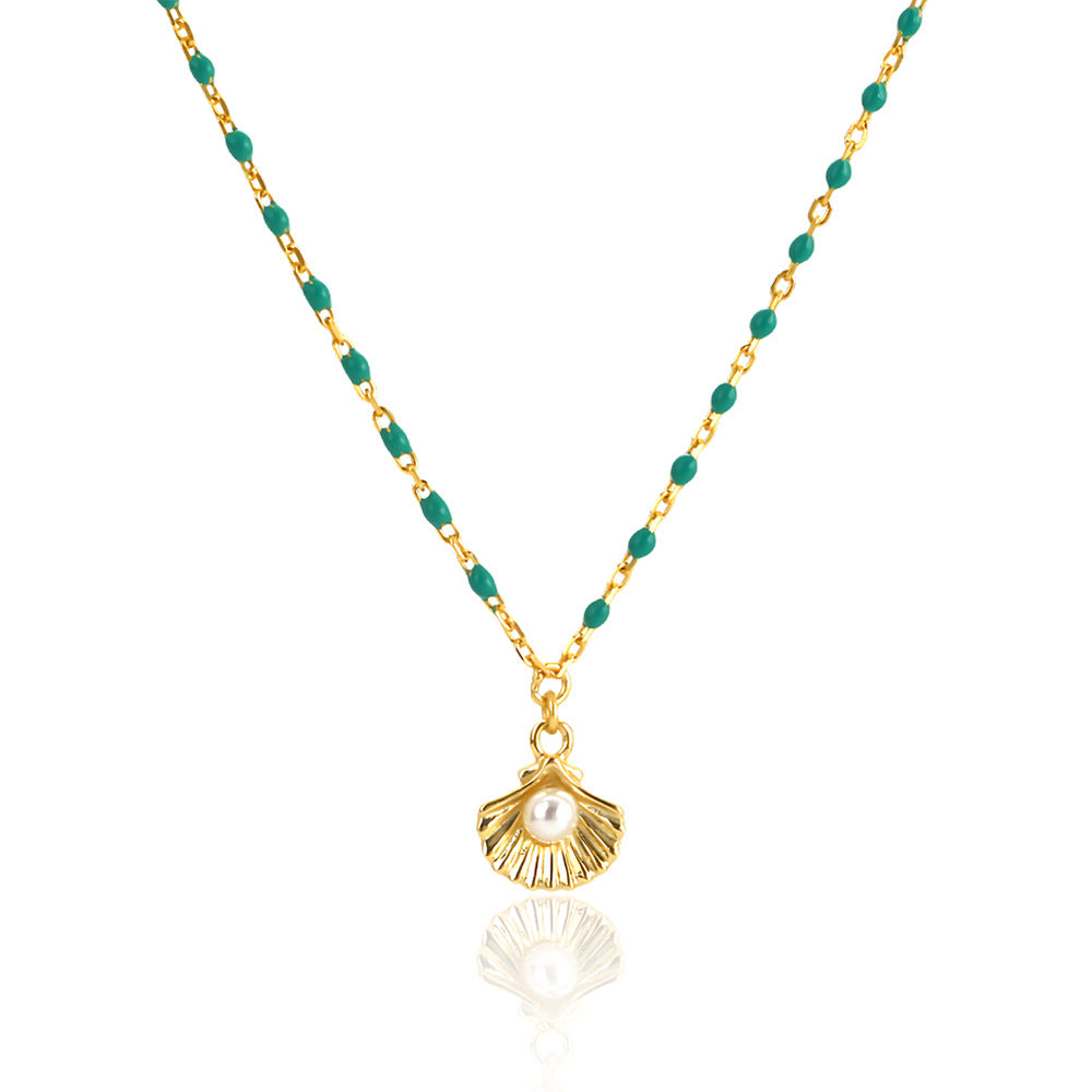 Natural Pearl Shell Green Epoxy Chain Necklace in 925 Silver