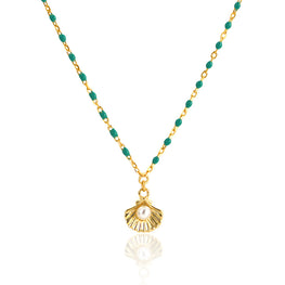 Natural Pearl Shell Green Epoxy Chain Necklace in 925 Silver