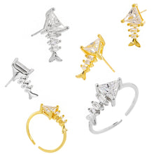 Fashion Irregular CZ Fishbone 925 Sterling Silver Adjustable Ring & Stud Earrings