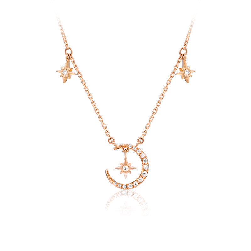 Modern CZ Crescent Moon and Stars 925 Sterling Silver Necklace