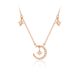 Modern CZ Crescent Moon and Stars 925 Sterling Silver Necklace