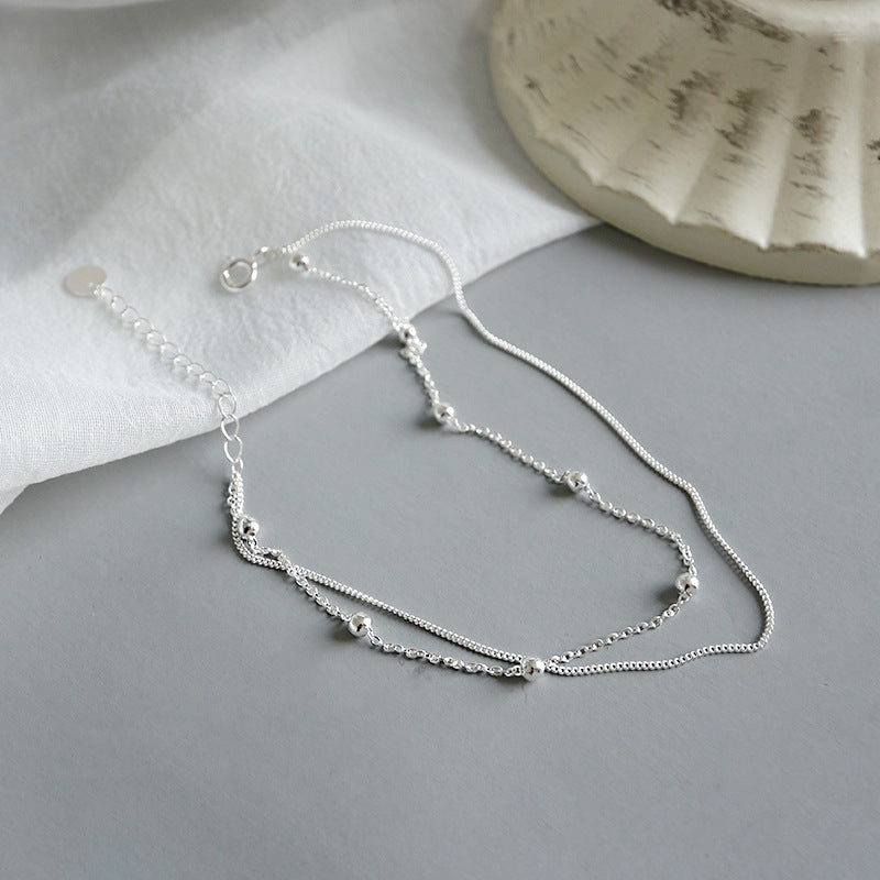 S925 Pure Silver Double Layered Bead Chain Ankle Bracelet