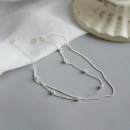 S925 Pure Silver Double Layered Bead Chain Ankle Bracelet