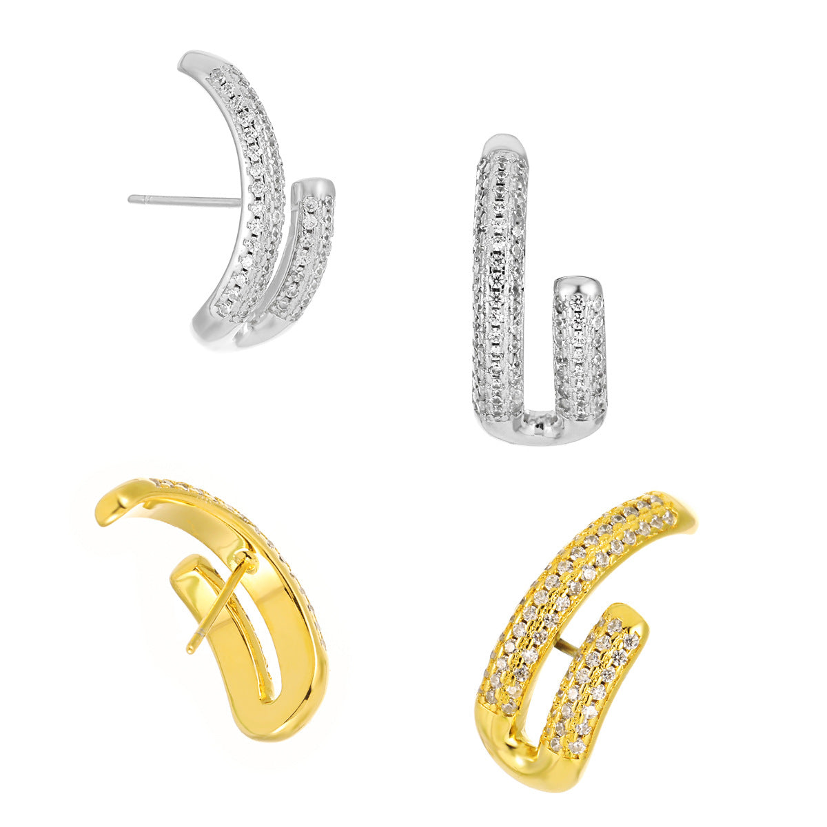 Modern Micro Setting CZ U Shape Sterling Silver Stud Earrings