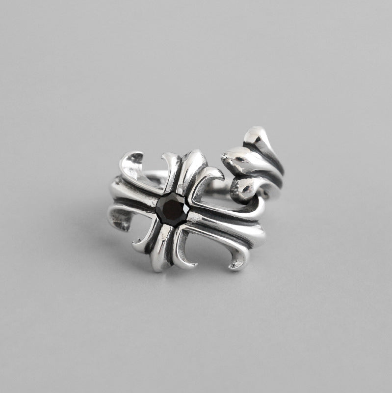 Vintage Black CZ Cross Flower Adjustable Ring in 925 Sterling Silver