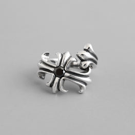 Vintage Black CZ Cross Flower Adjustable Ring in 925 Sterling Silver