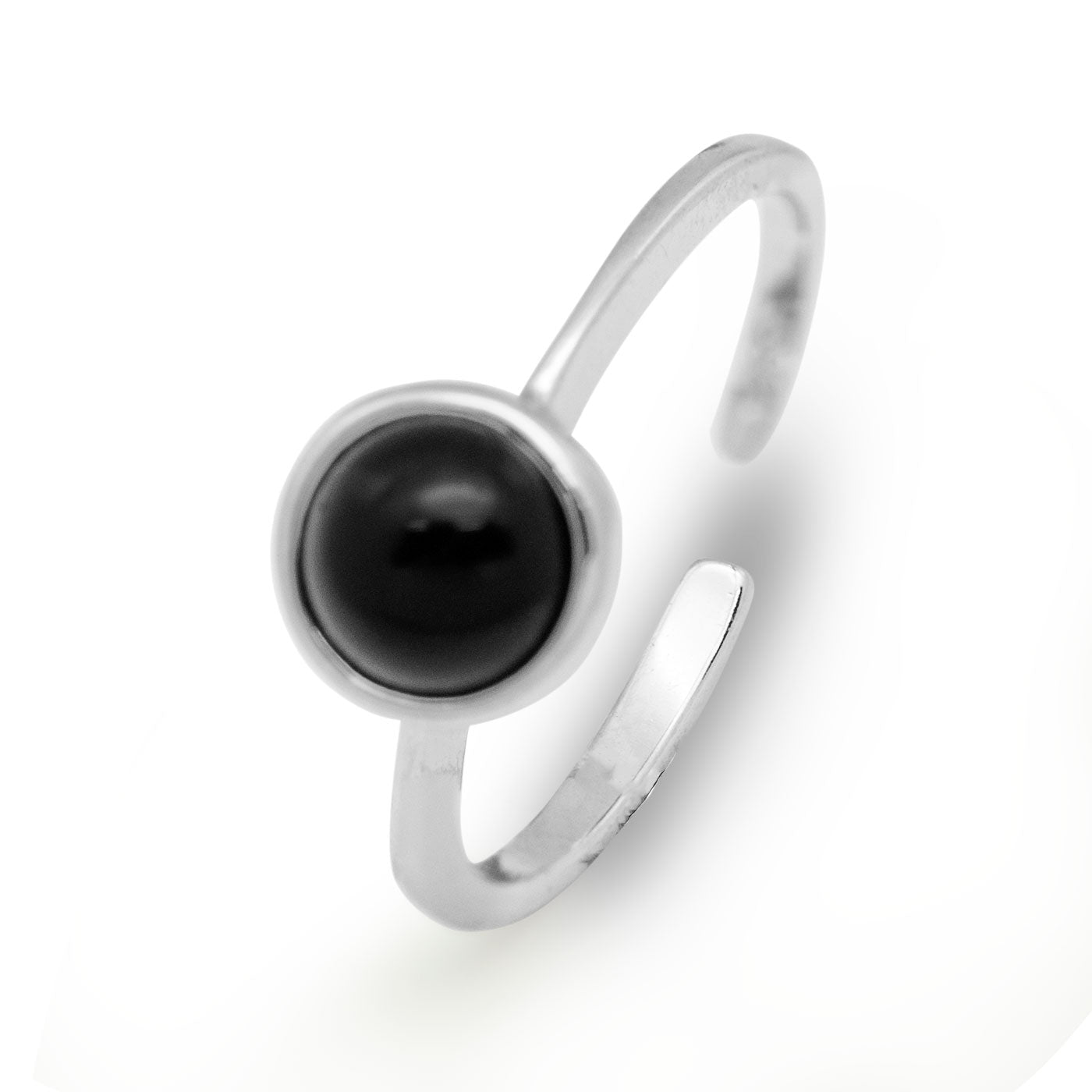 Round Black Agate CZ 925 Sterling Silver Adjustable Ring