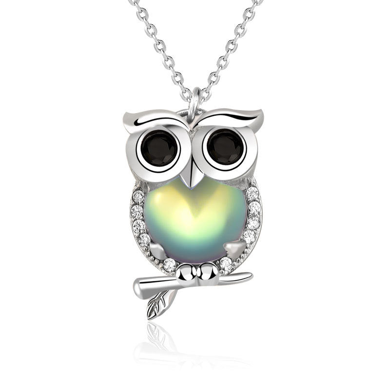 Natural Moonstone Owl Necklace in 925 Sterling Silver