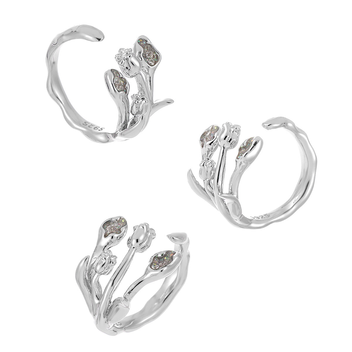 Adjustable 925 Sterling Silver CZ Tulip Flower Bouquet Ring