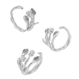 Adjustable 925 Sterling Silver CZ Tulip Flower Bouquet Ring
