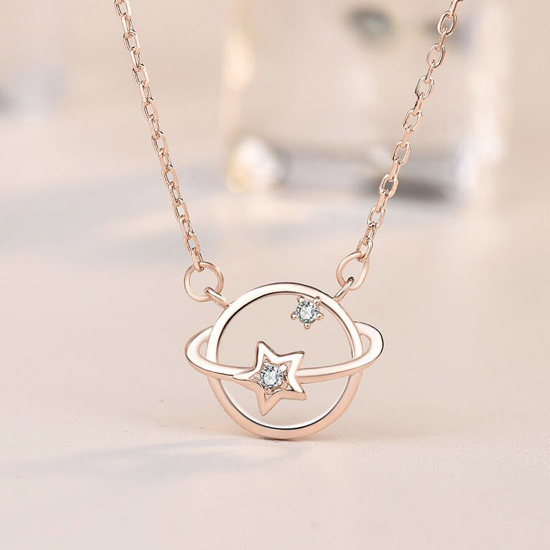 Lady Hollow CZ Star Planet Necklace - 925 Sterling Silver