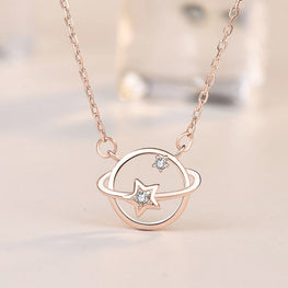 Lady Hollow CZ Star Planet Necklace - 925 Sterling Silver