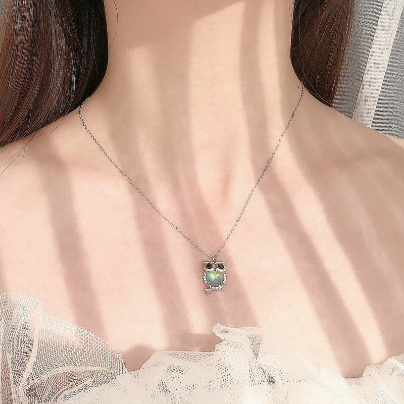 Natural Moonstone Owl Necklace in 925 Sterling Silver