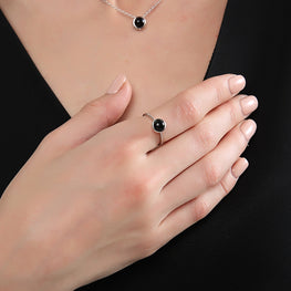 Round Black Agate CZ 925 Sterling Silver Adjustable Ring