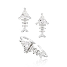 Fashion Irregular CZ Fishbone 925 Sterling Silver Adjustable Ring & Stud Earrings
