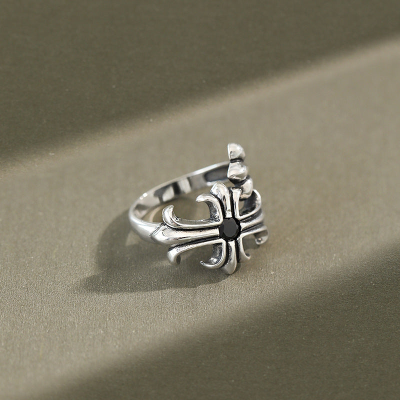 Vintage Black CZ Cross Flower Adjustable Ring in 925 Sterling Silver