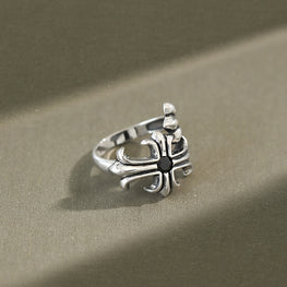 Vintage Black CZ Cross Flower Adjustable Ring in 925 Sterling Silver