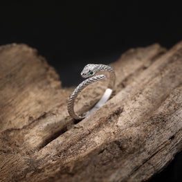 Adjustable Green CZ Eyes Snake Ring in 925 Sterling Silver