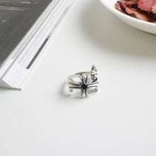 Vintage Black CZ Cross Flower Adjustable Ring in 925 Sterling Silver
