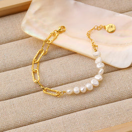 Irregular Hollow Chain Natural Pearl 925 Sterling Silver Bracelet