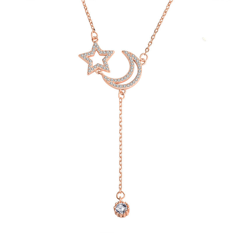 Friend's CZ Crescent Moon Star Tassels Necklace - 925 Silver