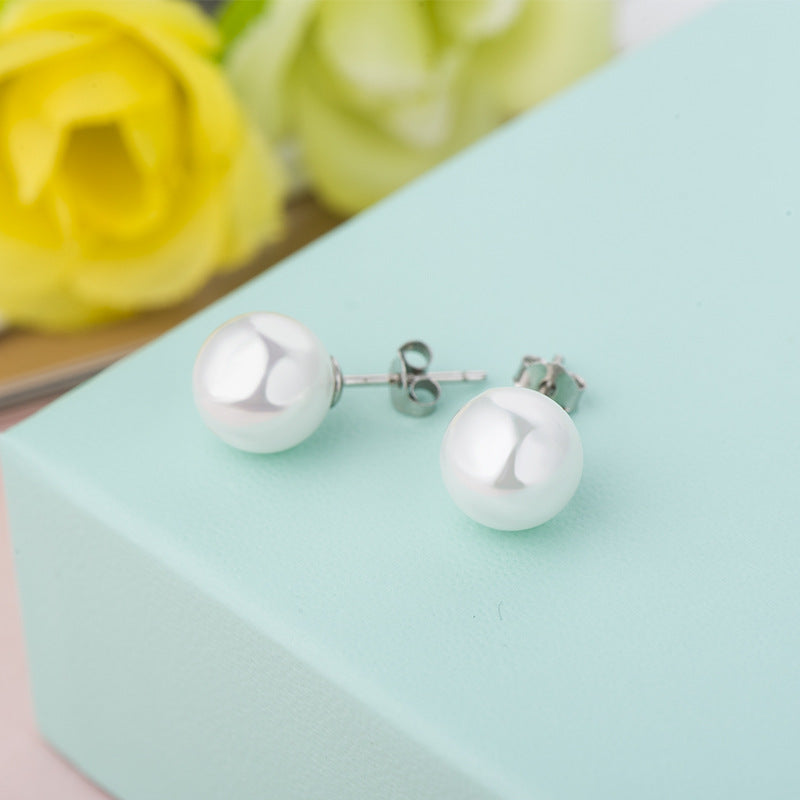 925 Sterling Silver White Shell Pearl Stud Earrings (6/8mm)