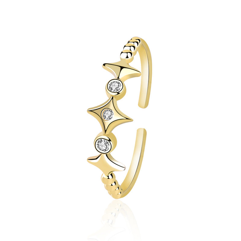 Adjustable 925 Sterling Silver CZ Quadrangular Stars Ring