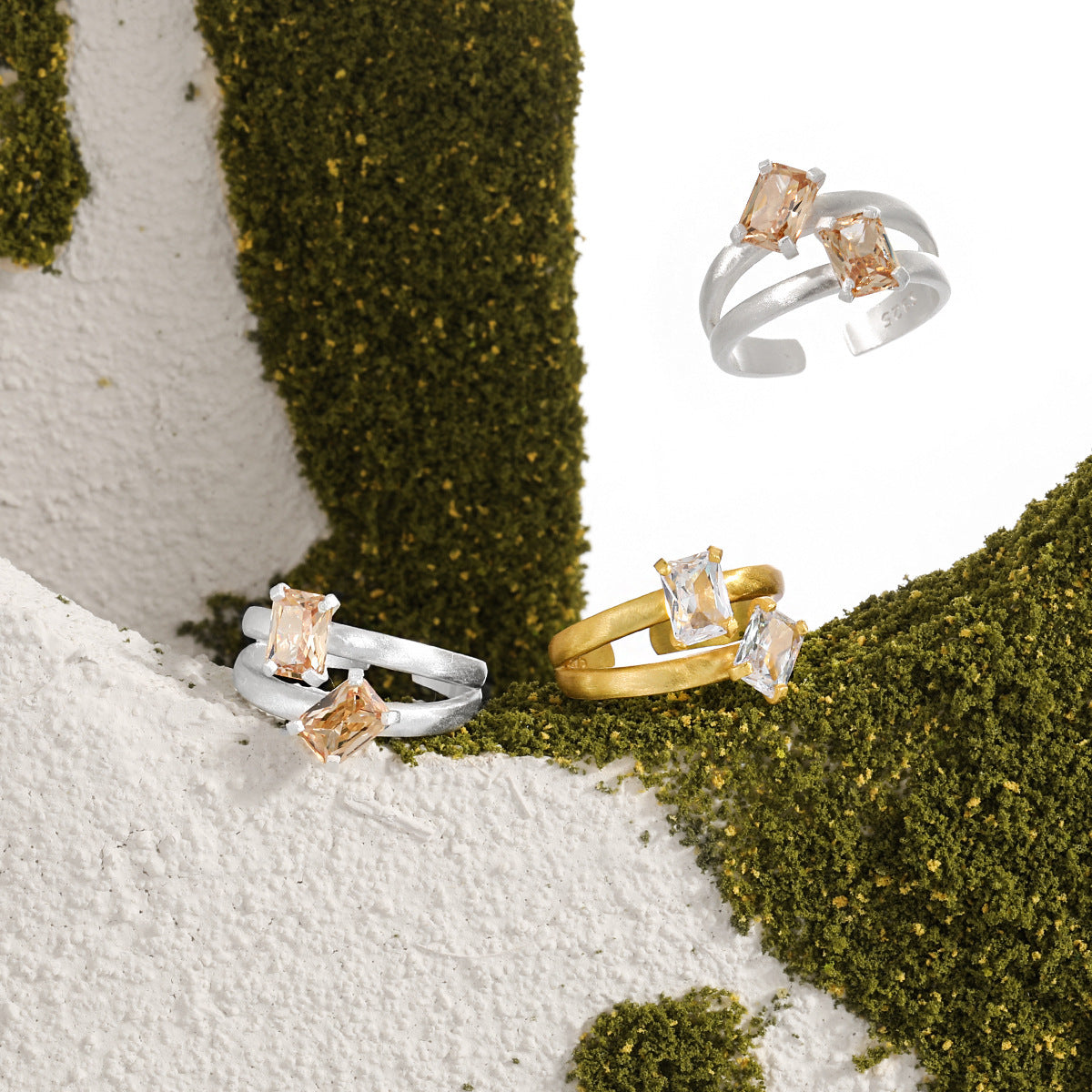 Geometry Double Layer Baguette CZ Adjustable Ring