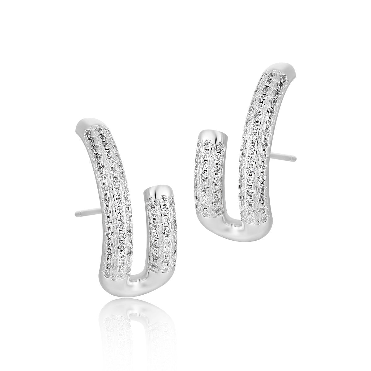 Modern Micro Setting CZ U Shape Sterling Silver Stud Earrings