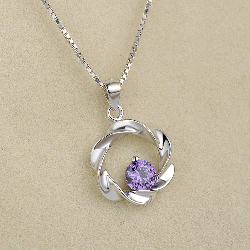 Circular Wave Twisted White/Purple CZ Pendant in 925 Sterling Silver