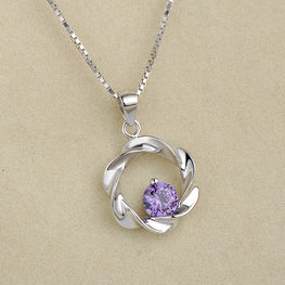 Circular Wave Twisted White/Purple CZ Pendant in 925 Sterling Silver