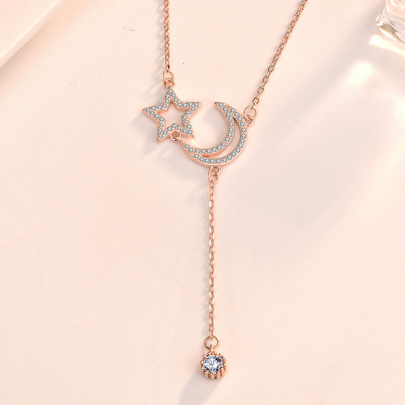 Friend's CZ Crescent Moon Star Tassels Necklace - 925 Silver