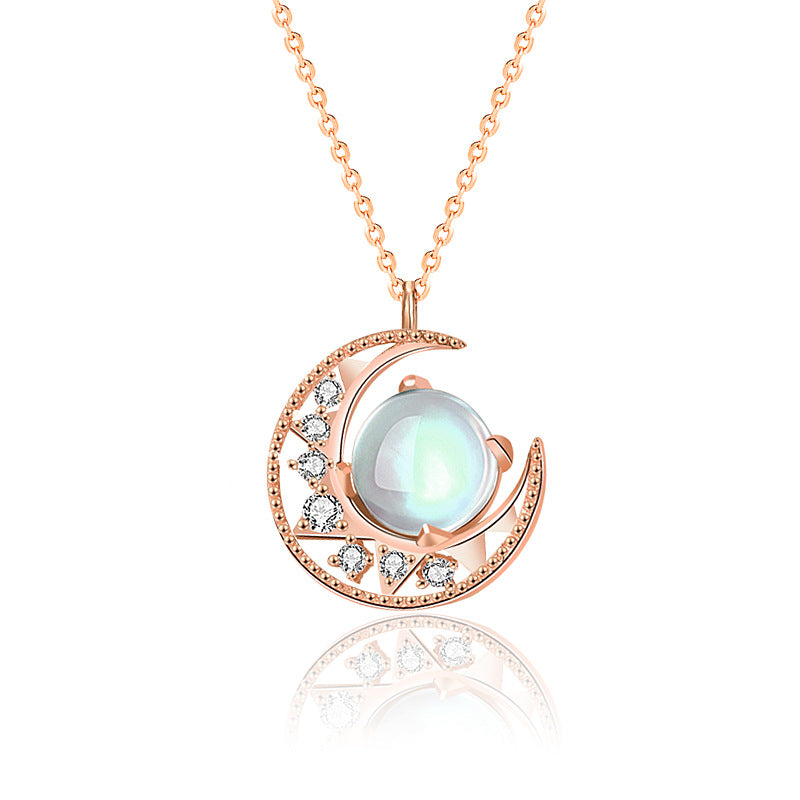 Natural Moonstone Crescent Moon CZ 925 Sterling Silver Necklace