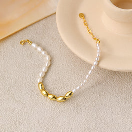Asymmetrical Oval Natural Pearl Beads Bracelet - 925 Sterling Silver